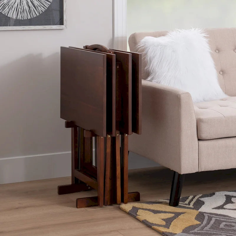 5-Piece Folding Tray Table Set with Stand - 26.25 - Hazelnut Brown