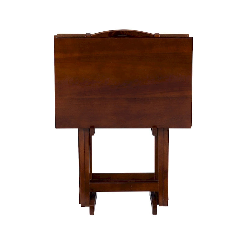 Ensemble de 5 tables pliantes avec plateau - 4 tables + support, capacité de 9 kg, placage acacia, pieds en bois d'hévéa, hauteur 66,7 cm, brun noisette, poignée de transport