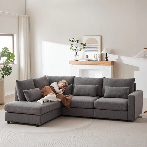 100.2 Linen L-Shaped Sectional Sofa with Ottoman & Lumbar Pillows
