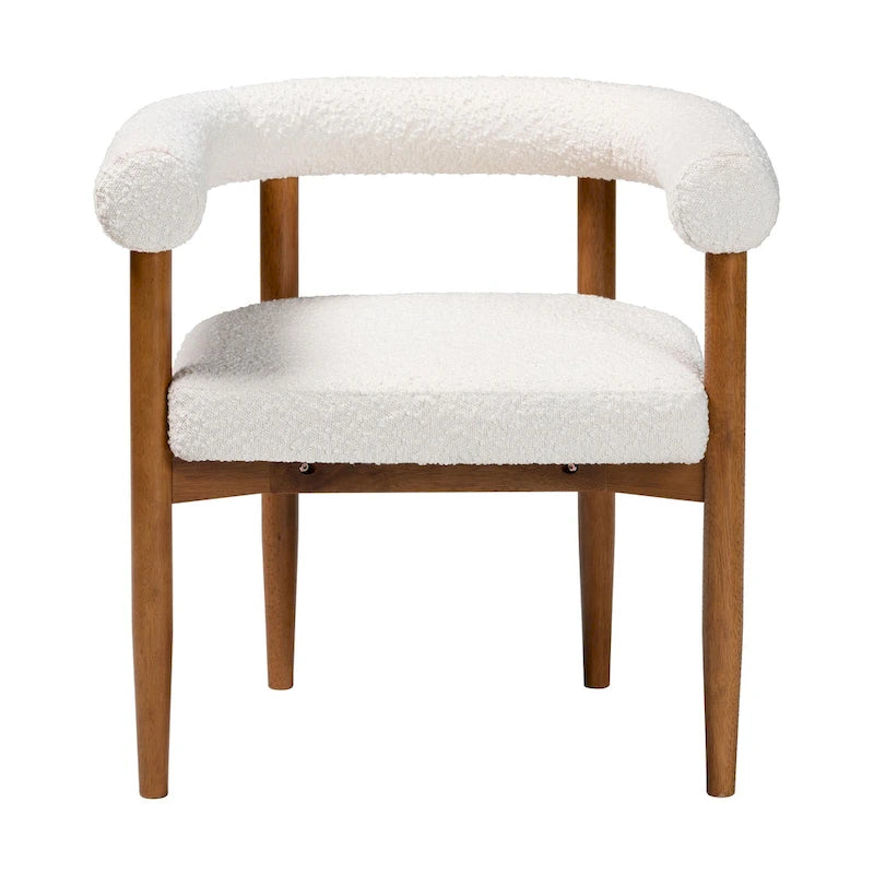Chaise de salle à manger Boucle - Fauteuil Tuxedo, pieds en hévéa massif, rembourrage en mousse, crème/noyer, style Japandi, accoudoirs incurvés, 73,4 cm de largeur, minimaliste