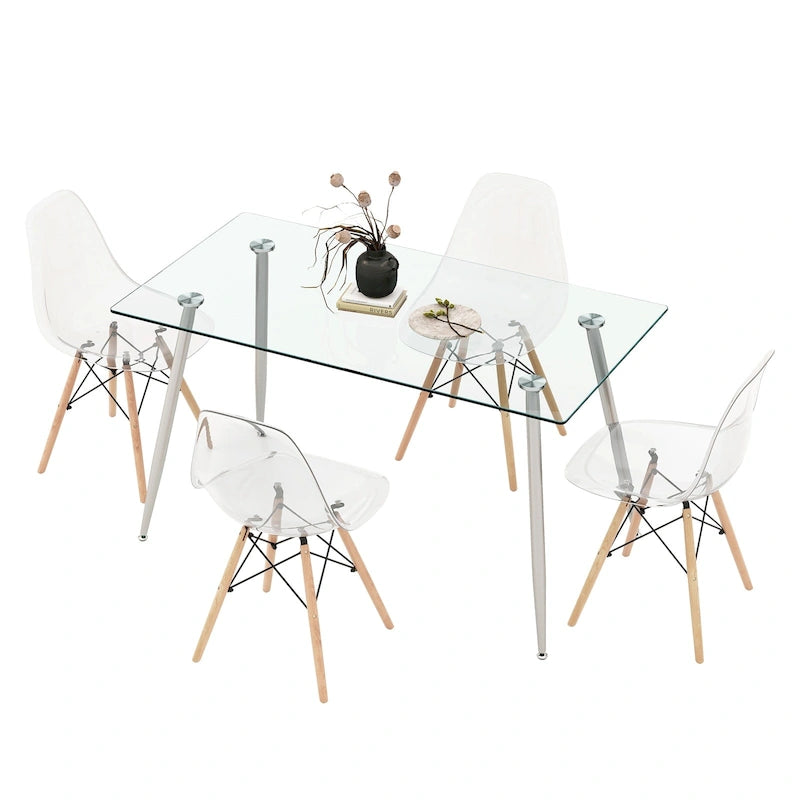 Ensemble de salle à manger 5 pièces : table en verre de 130 cm, 4 chaises, capacité de charge des chaises : 130 kg, structure en métal, verre trempé, ergonomique, gain de place, style moderne