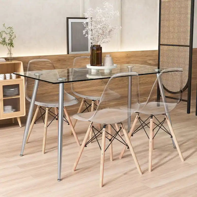 Ensemble de salle à manger 5 pièces : table en verre de 130 cm, 4 chaises, capacité de charge des chaises : 130 kg, structure en métal, verre trempé, ergonomique, gain de place, style moderne