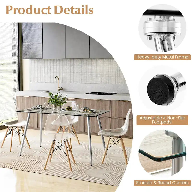 Ensemble de salle à manger 5 pièces : table en verre de 130 cm, 4 chaises, capacité de charge des chaises : 130 kg, structure en métal, verre trempé, ergonomique, gain de place, style moderne