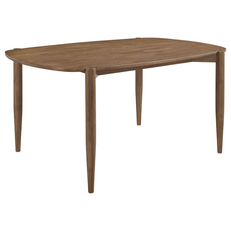 Table de salle à manger ovale en bois massif (160 cm), finition noyer brun, pieds fuselés, angles arrondis, style contemporain/transitionnel, bois exotique asiatique, hauteur 76 cm