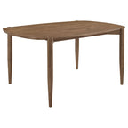 Table de salle à manger ovale en bois massif (160 cm), finition noyer brun, pieds fuselés, angles arrondis, style contemporain/transitionnel, bois exotique asiatique, hauteur 76 cm