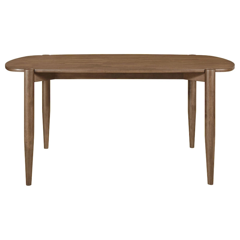 Table de salle à manger ovale en bois massif (160 cm), finition noyer brun, pieds fuselés, angles arrondis, style contemporain/transitionnel, bois exotique asiatique, hauteur 76 cm