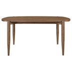 Table de salle à manger ovale en bois massif (160 cm), finition noyer brun, pieds fuselés, angles arrondis, style contemporain/transitionnel, bois exotique asiatique, hauteur 76 cm