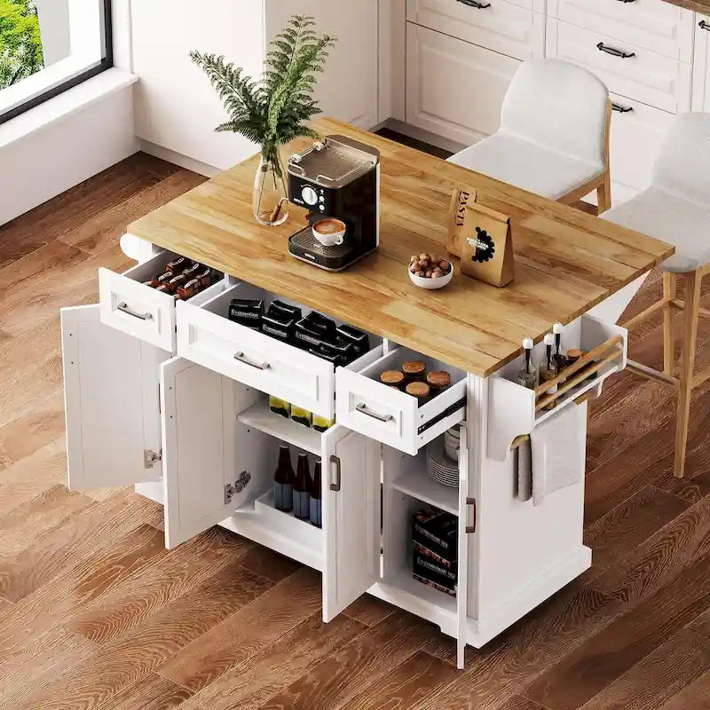 Îlot de cuisine roulant de grande taille, 137 cm de large, blanc, à abattants, en MDF texturé gaufré, bois d'hévéa, capacité de charge de 181 kg, portes, tiroirs, porte-serviettes, style vintage.