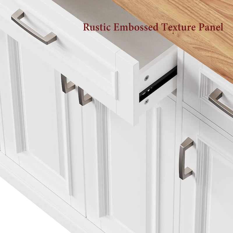 Îlot de cuisine roulant de grande taille, 137 cm de large, blanc, à abattants, en MDF texturé gaufré, bois d'hévéa, capacité de charge de 181 kg, portes, tiroirs, porte-serviettes, style vintage.