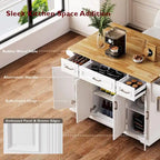 Îlot de cuisine roulant de grande taille, 137 cm de large, blanc, à abattants, en MDF texturé gaufré, bois d'hévéa, capacité de charge de 181 kg, portes, tiroirs, porte-serviettes, style vintage.