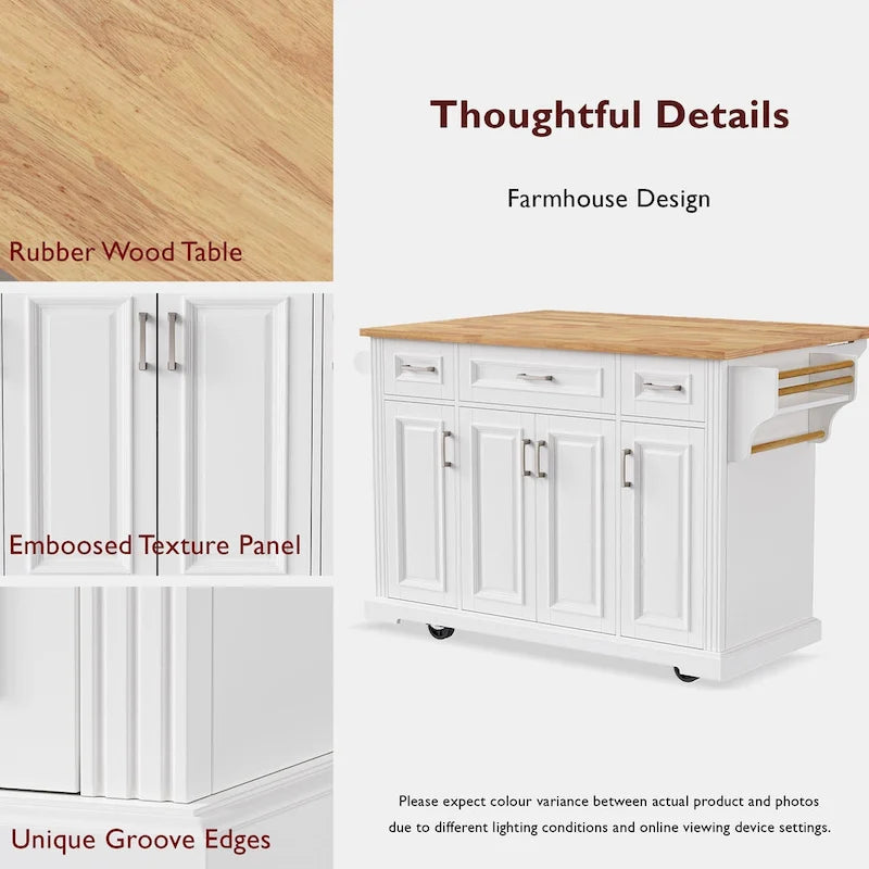 Îlot de cuisine roulant de grande taille, 137 cm de large, blanc, à abattants, en MDF texturé gaufré, bois d'hévéa, capacité de charge de 181 kg, portes, tiroirs, porte-serviettes, style vintage.