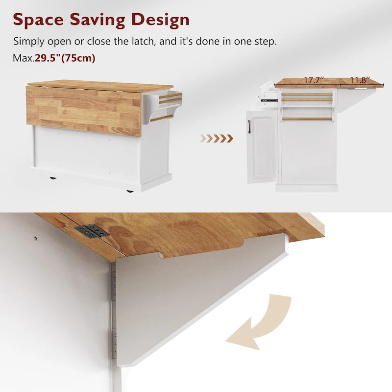 Îlot de cuisine roulant de grande taille, 137 cm de large, blanc, à abattants, en MDF texturé gaufré, bois d'hévéa, capacité de charge de 181 kg, portes, tiroirs, porte-serviettes, style vintage.