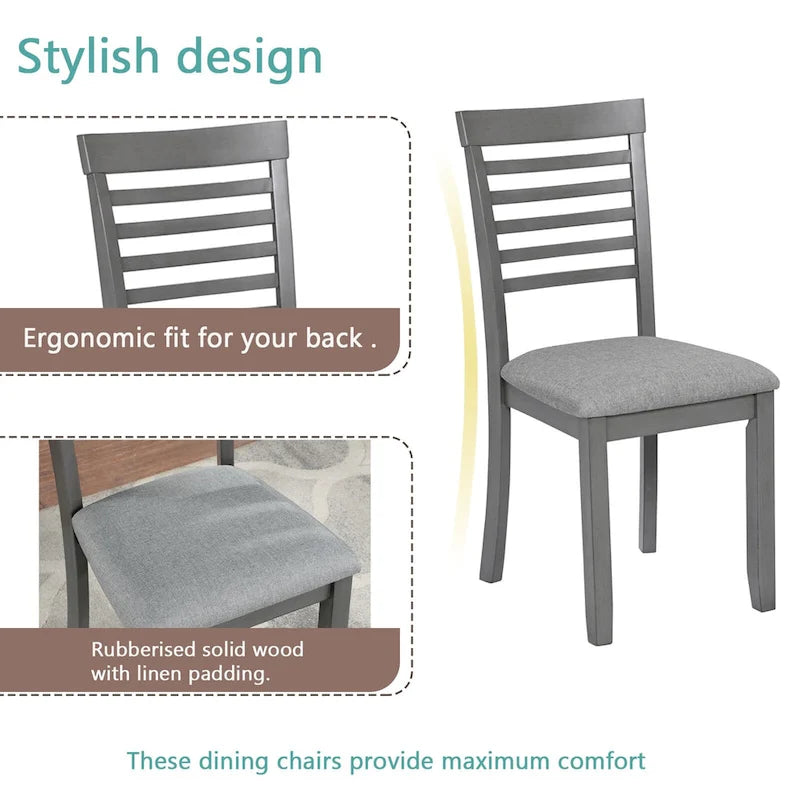 Ensemble de salle à manger 5 pièces : table de 115,5 cm, 4 chaises à dossier échelle, capacité de charge de 150 kg, MDF/placage de bouleau, coussins en lin, noyer/gris, montage facile
