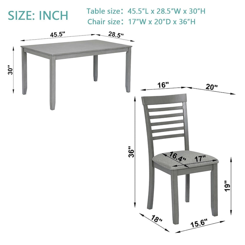Ensemble de salle à manger 5 pièces : table de 115,5 cm, 4 chaises à dossier échelle, capacité de charge de 150 kg, MDF/placage de bouleau, coussins en lin, noyer/gris, montage facile
