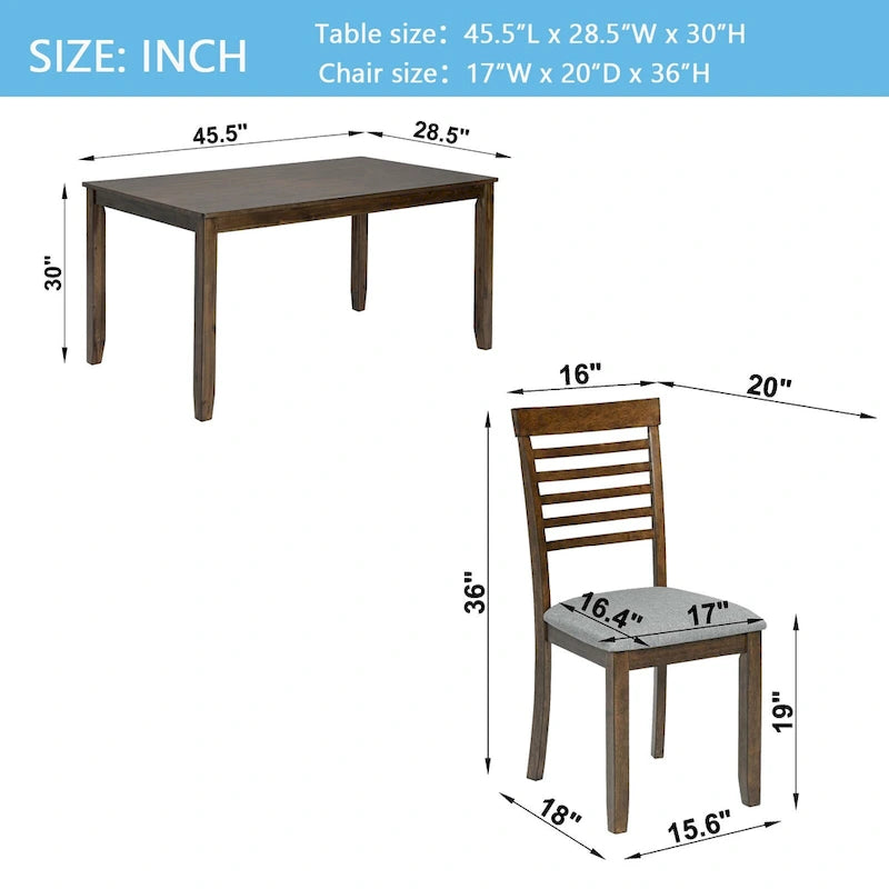 Ensemble de salle à manger 5 pièces : table de 115,5 cm, 4 chaises à dossier échelle, capacité de charge de 150 kg, MDF/placage de bouleau, coussins en lin, noyer/gris, montage facile