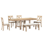 Ensemble de salle à manger 6 pièces : table extensible de 152 à 208 cm, 4 chaises, banc, bois d’acacia massif, capacité de charge des chaises : 136 kg, style campagnard, sièges rembourrés