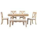 Ensemble de salle à manger 6 pièces : table extensible de 152 à 208 cm, 4 chaises, banc, bois d’acacia massif, capacité de charge des chaises : 136 kg, style campagnard, sièges rembourrés