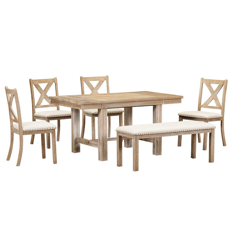 Ensemble de salle à manger 6 pièces : table extensible de 152 à 208 cm, 4 chaises, banc, bois d’acacia massif, capacité de charge des chaises : 136 kg, style campagnard, sièges rembourrés
