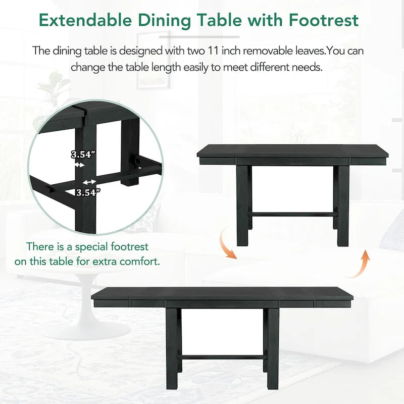 Ensemble de salle à manger 6 pièces : table extensible de 152 à 208 cm, 4 chaises, banc, bois d’acacia massif, capacité de charge des chaises : 136 kg, style campagnard, sièges rembourrés