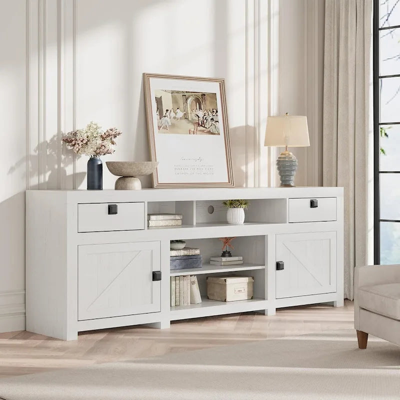 Meuble TV 70" - Convient aux téléviseurs 80", capacité de charge de 180 kg, 4 placards, portes abattantes, style campagnard, centre multimédia, montage en 1h30 à 2h