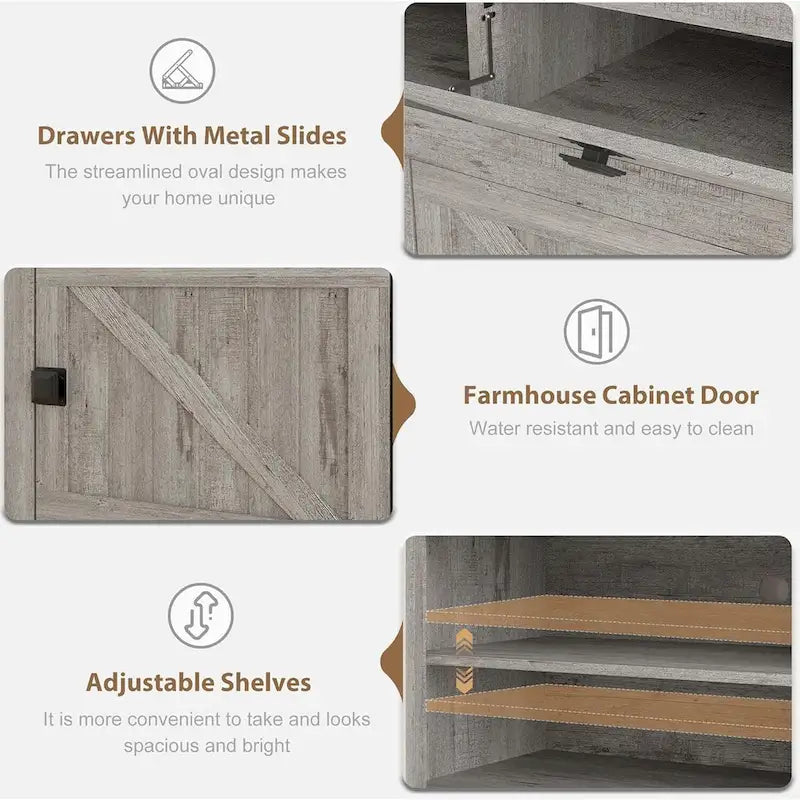 Meuble TV 70" - Convient aux téléviseurs 80", capacité de charge de 180 kg, 4 placards, portes abattantes, style campagnard, centre multimédia, montage en 1h30 à 2h