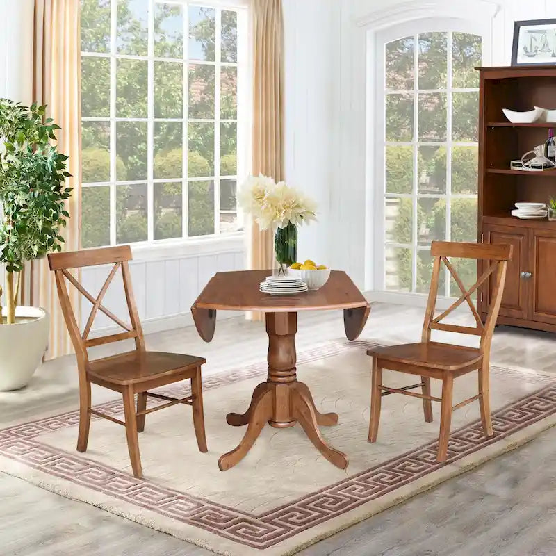 Ensemble de salle à manger 3 pièces 42 po : table à double abattant, 2 chaises à dossier en X, bois d’hévéa massif, plateau en bois de boucher, capacité de charge des chaises : 113 kg (250 lb), plusieurs finitions