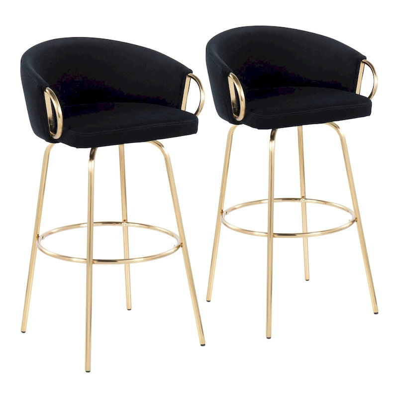 Ensemble de 2 tabourets de bar en velours - Hauteur 76 cm, pivotants à 360°, structure en métal doré avec accoudoirs, revêtement bleu clair, style glamour moderne