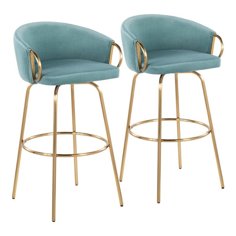 Ensemble de 2 tabourets de bar en velours - Hauteur 76 cm, pivotants à 360°, structure en métal doré avec accoudoirs, revêtement bleu clair, style glamour moderne