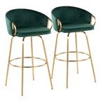 Ensemble de 2 tabourets de bar en velours - Hauteur 76 cm, pivotants à 360°, structure en métal doré avec accoudoirs, revêtement bleu clair, style glamour moderne