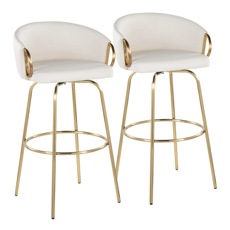 Ensemble de 2 tabourets de bar en velours - Hauteur 76 cm, pivotants à 360°, structure en métal doré avec accoudoirs, revêtement bleu clair, style glamour moderne
