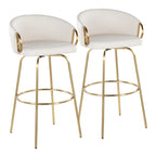 Ensemble de 2 tabourets de bar en velours - Hauteur 76 cm, pivotants à 360°, structure en métal doré avec accoudoirs, revêtement bleu clair, style glamour moderne