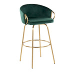 Ensemble de 2 tabourets de bar en velours - Hauteur 76 cm, pivotants à 360°, structure en métal doré avec accoudoirs, revêtement bleu clair, style glamour moderne