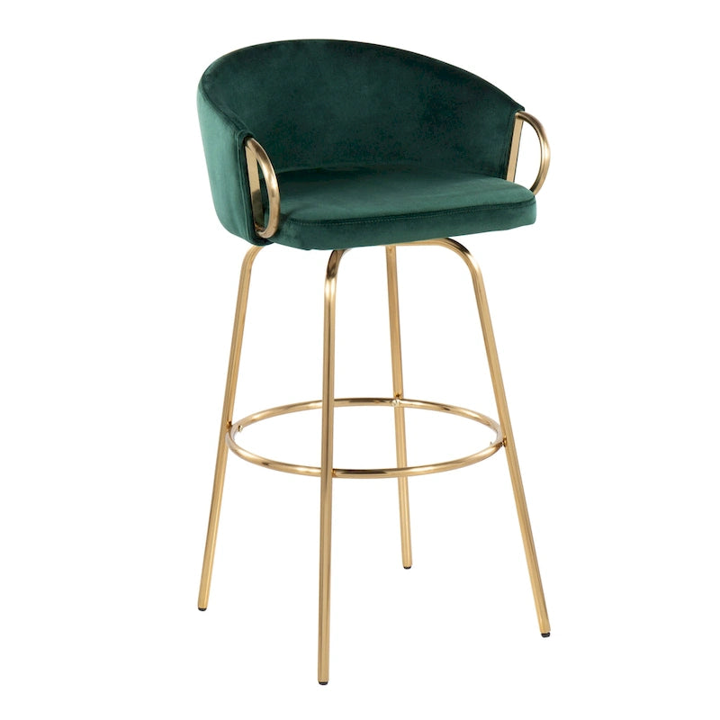 Ensemble de 2 tabourets de bar en velours - Hauteur 76 cm, pivotants à 360°, structure en métal doré avec accoudoirs, revêtement bleu clair, style glamour moderne