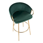 Ensemble de 2 tabourets de bar en velours - Hauteur 76 cm, pivotants à 360°, structure en métal doré avec accoudoirs, revêtement bleu clair, style glamour moderne