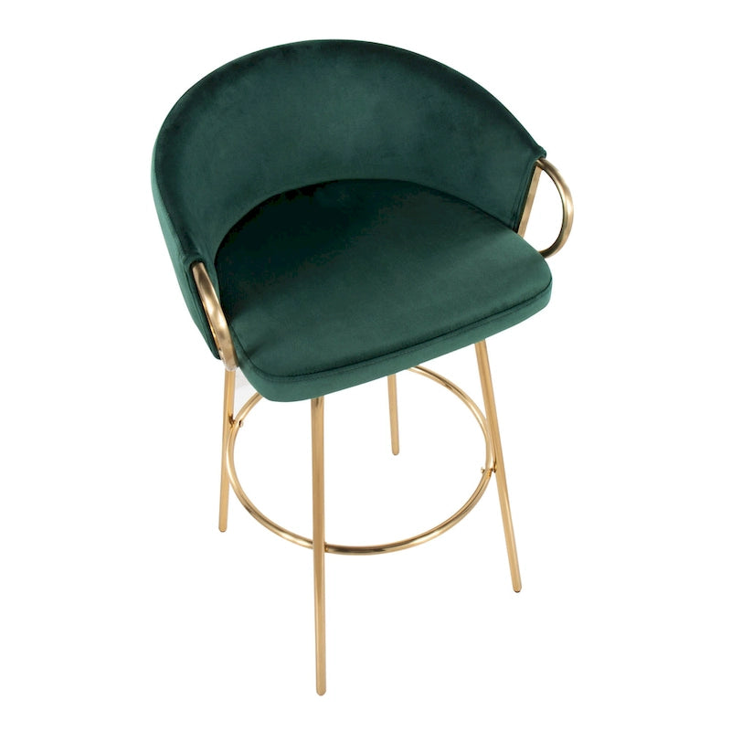 Ensemble de 2 tabourets de bar en velours - Hauteur 76 cm, pivotants à 360°, structure en métal doré avec accoudoirs, revêtement bleu clair, style glamour moderne