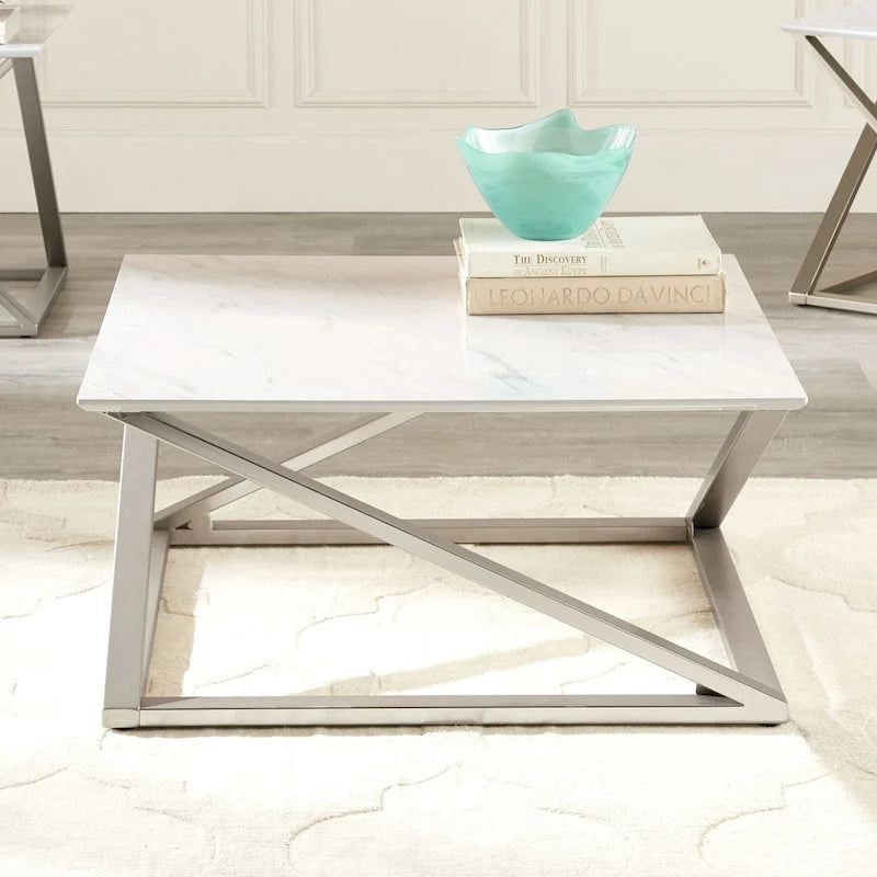 Ensemble de 3 tables basses - Plateau en imitation marbre, piètement en fer, finition champagne satiné - 1 table basse + 2 tables d'appoint, style asymétrique moderne