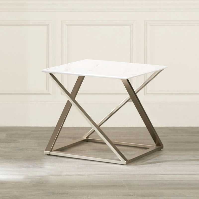 Ensemble de 3 tables basses - Plateau en imitation marbre, piètement en fer, finition champagne satiné - 1 table basse + 2 tables d'appoint, style asymétrique moderne