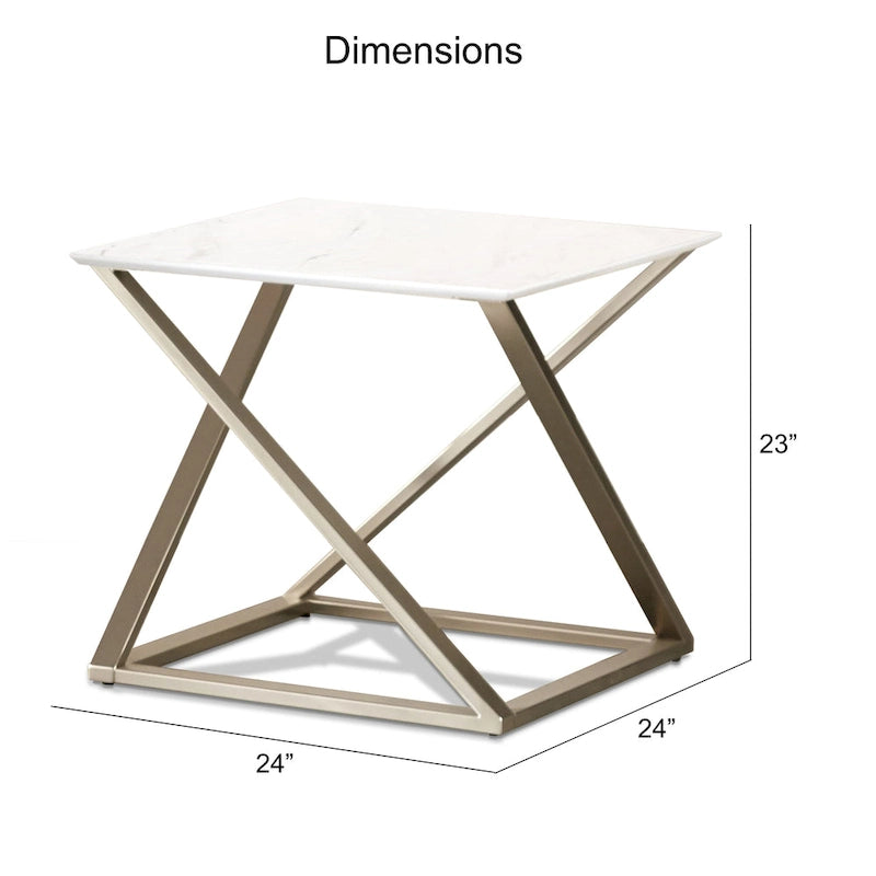 Ensemble de 3 tables basses - Plateau en imitation marbre, piètement en fer, finition champagne satiné - 1 table basse + 2 tables d'appoint, style asymétrique moderne
