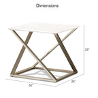 Ensemble de 3 tables basses - Plateau en imitation marbre, piètement en fer, finition champagne satiné - 1 table basse + 2 tables d'appoint, style asymétrique moderne