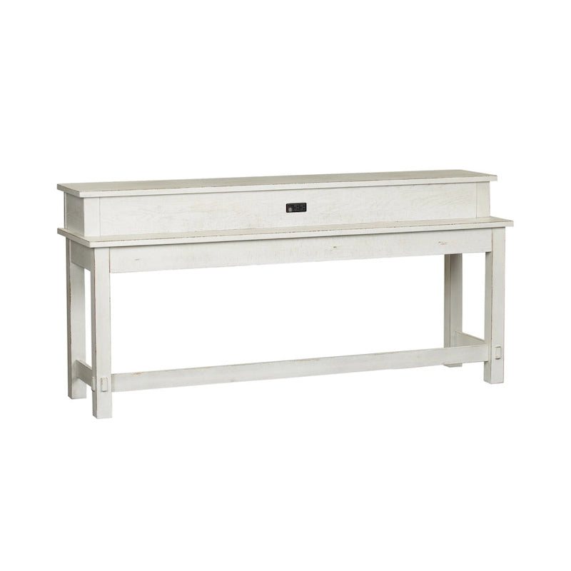 Ensemble bar console 4 pièces - Table de 198 cm, 3 tabourets pivotants, 2 prises électriques + USB, plateau en peuplier/chêne, finition blanc vieilli, style ferme moderne