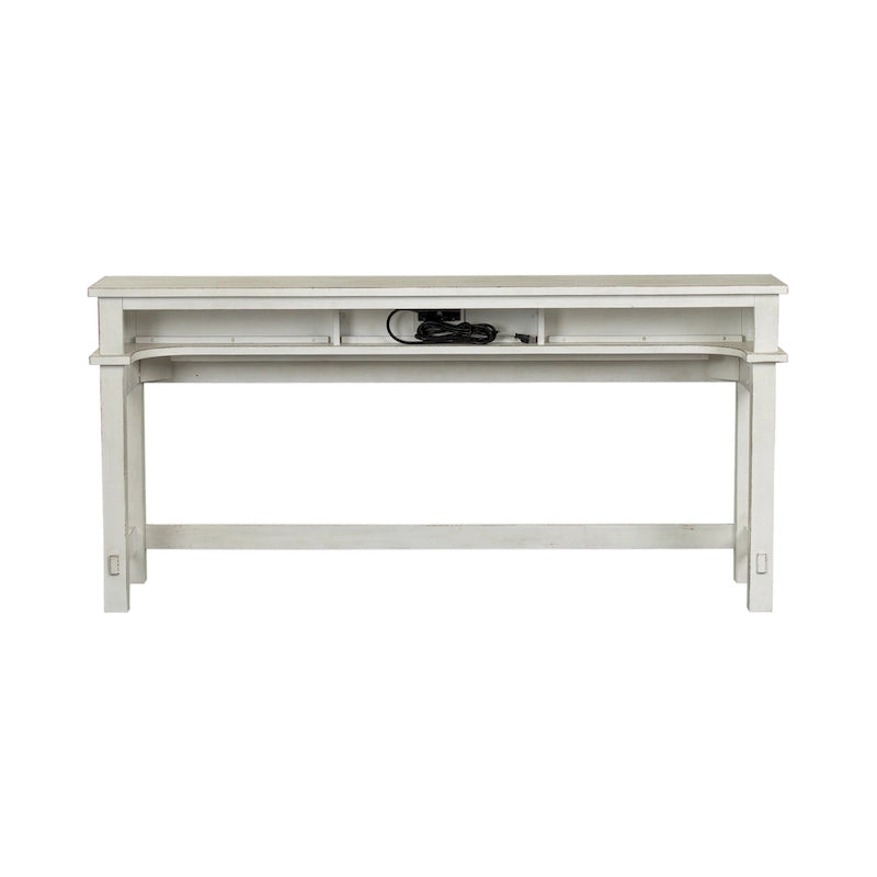 Ensemble bar console 4 pièces - Table de 198 cm, 3 tabourets pivotants, 2 prises électriques + USB, plateau en peuplier/chêne, finition blanc vieilli, style ferme moderne