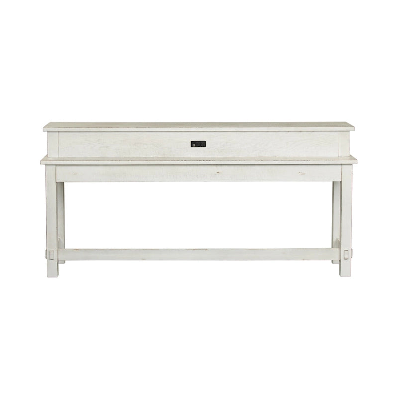Ensemble bar console 4 pièces - Table de 198 cm, 3 tabourets pivotants, 2 prises électriques + USB, plateau en peuplier/chêne, finition blanc vieilli, style ferme moderne