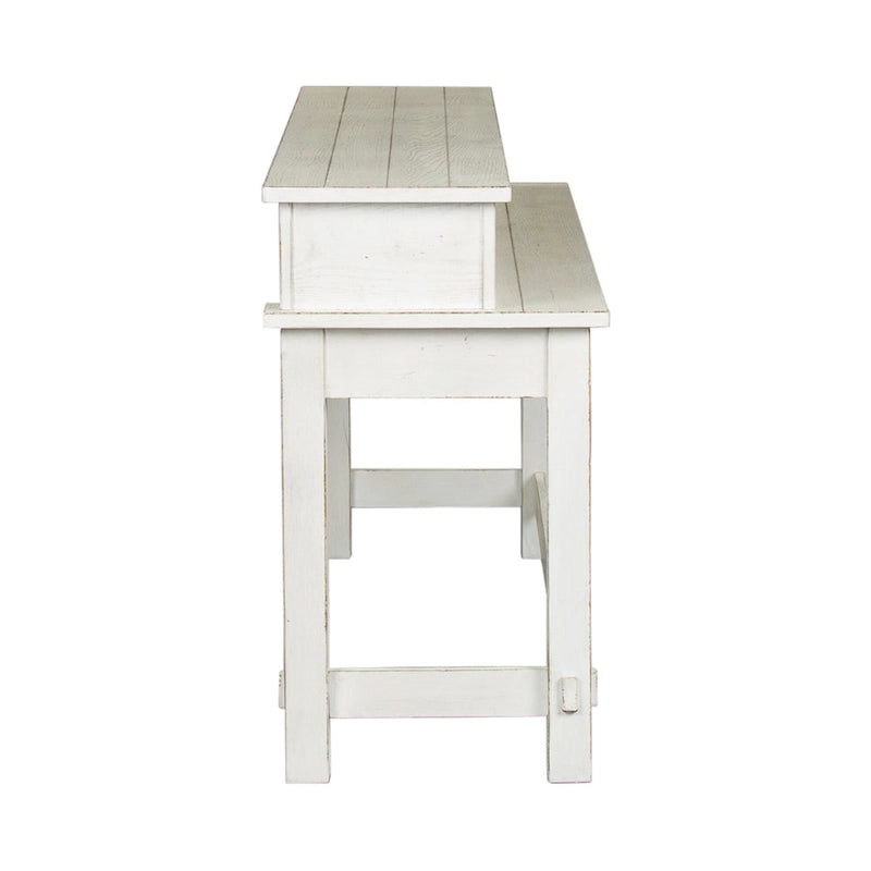 Ensemble bar console 4 pièces - Table de 198 cm, 3 tabourets pivotants, 2 prises électriques + USB, plateau en peuplier/chêne, finition blanc vieilli, style ferme moderne