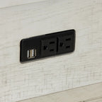 Ensemble bar console 4 pièces - Table de 198 cm, 3 tabourets pivotants, 2 prises électriques + USB, plateau en peuplier/chêne, finition blanc vieilli, style ferme moderne