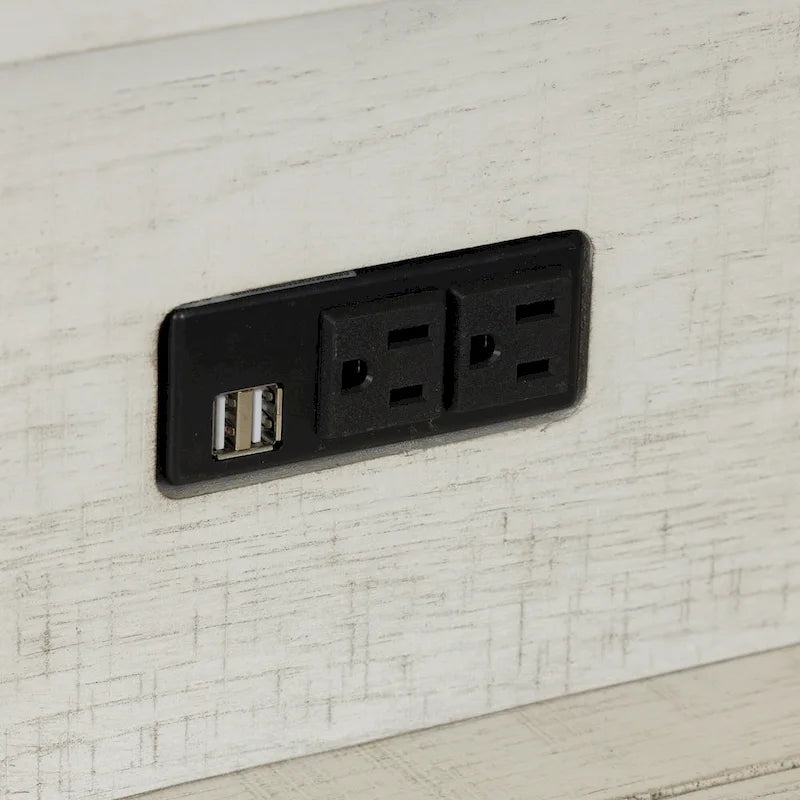 Ensemble bar console 4 pièces - Table de 198 cm, 3 tabourets pivotants, 2 prises électriques + USB, plateau en peuplier/chêne, finition blanc vieilli, style ferme moderne