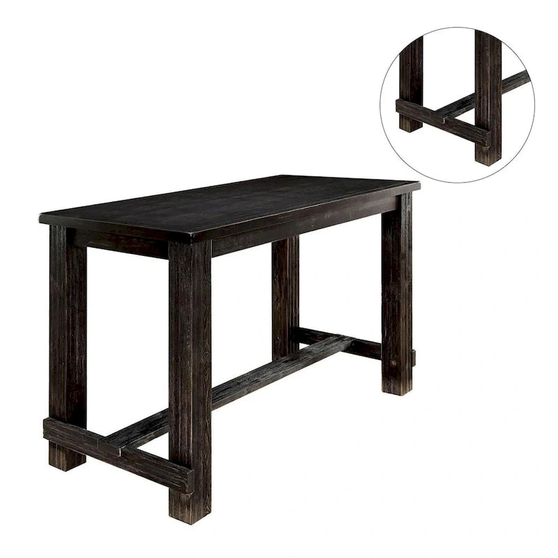 Table de bar rectangulaire rustique en bois - Finition noir antique, repose-pieds central, détails vieillis, construction robuste, hauteur pub