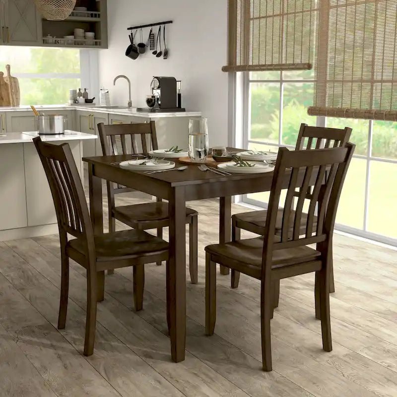 Ensemble de salle à manger 5 pièces - Table carrée de 91 cm, 4 chaises à dossier à lattes, bois massif, placage de bouleau, capacité de charge des chaises : 113 kg, expresso/gris/noyer