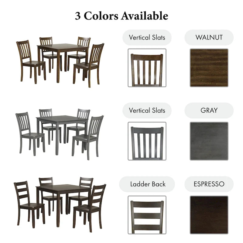 Ensemble de salle à manger 5 pièces - Table carrée de 91 cm, 4 chaises à dossier à lattes, bois massif, placage de bouleau, capacité de charge des chaises : 113 kg, expresso/gris/noyer