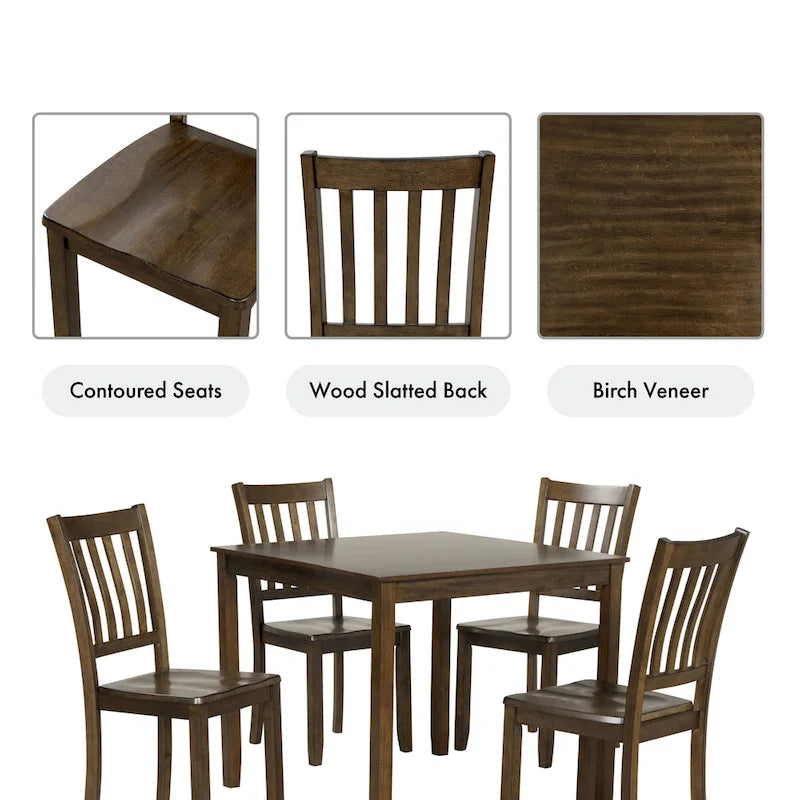 Ensemble de salle à manger 5 pièces - Table carrée de 91 cm, 4 chaises à dossier à lattes, bois massif, placage de bouleau, capacité de charge des chaises : 113 kg, expresso/gris/noyer