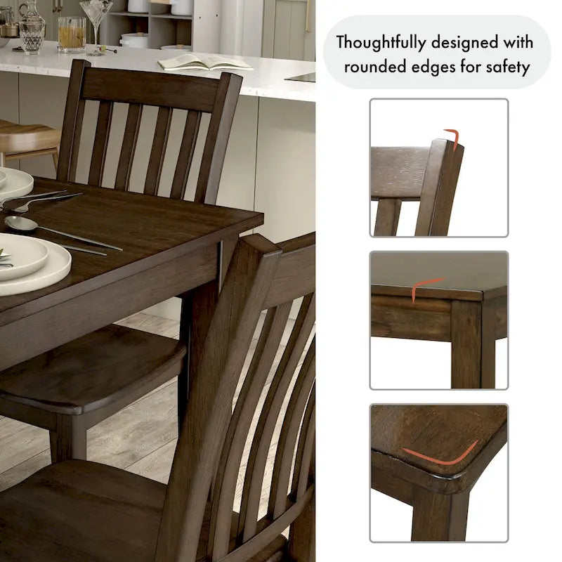 Ensemble de salle à manger 5 pièces - Table carrée de 91 cm, 4 chaises à dossier à lattes, bois massif, placage de bouleau, capacité de charge des chaises : 113 kg, expresso/gris/noyer
